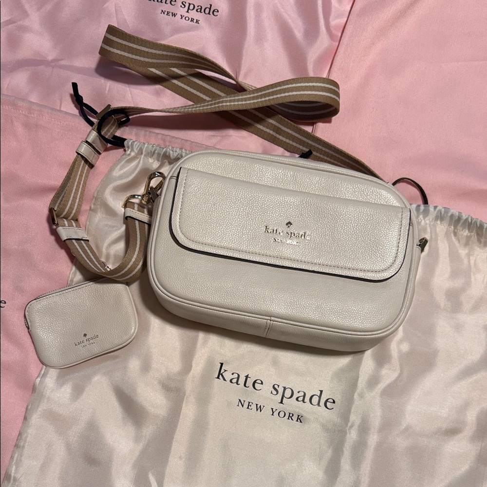 kate spade Off-White Leather Crossbody with Striped Strap